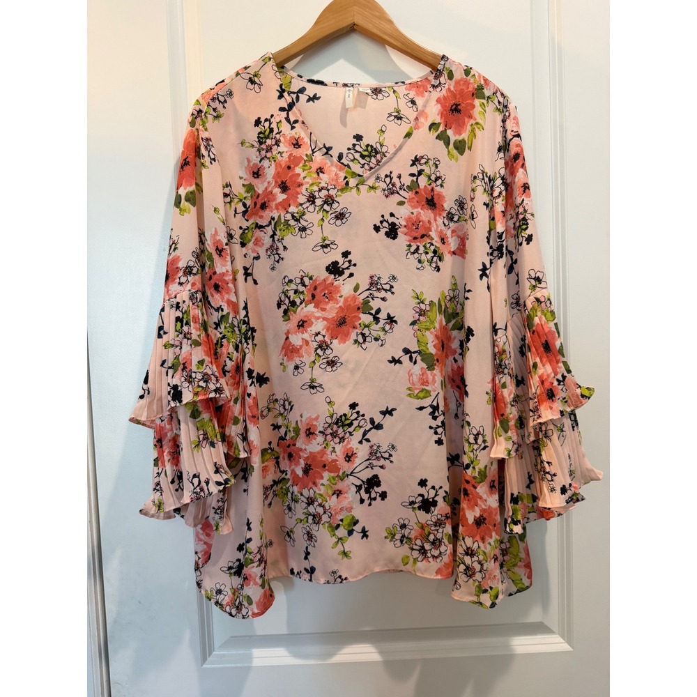 C Est. 1946 Women Pink Floral V-Neck Blouse Tiered Pleated Bell Sleeve 18/20W